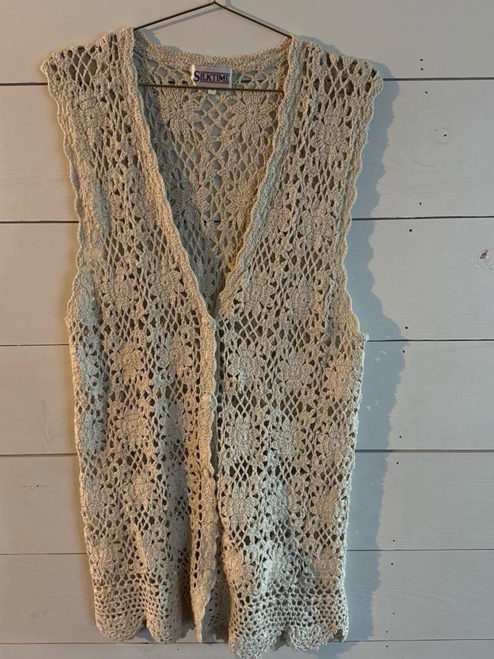 Women's Cream Silk Yarn Crochet Openfront Vest in Cream
